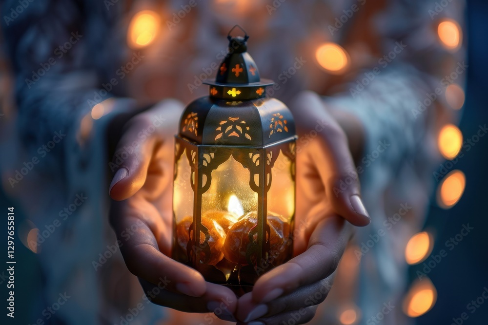 Aufkleber hands cradle a beautifully crafted lantern as the sun sets over a serene riverside, creating an ench
