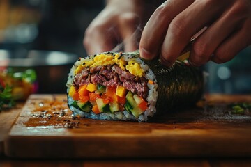 Delicious sushi burrito being prepared with fresh ingredients at a restaurant in a busy urban area during lunchtime