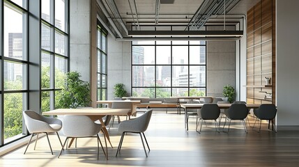 Modern interior dining space with city view from large windows