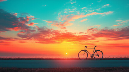 Fototapeta premium Serene Sunset Landscape with Bicycle Perfect for Travel Nature and Wellness Designs