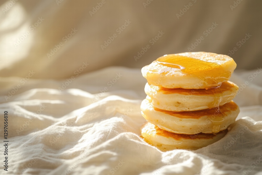 Poster delicious stack of fluffy pancakes drizzled with golden syrup on a soft linen cloth in warm light. g