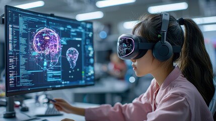 Woman in VR headset analyzing brain data.