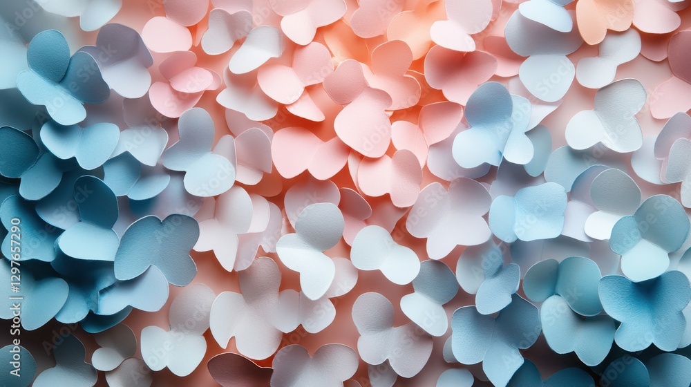 Poster colorful arrangement of butterfly-shaped paper cutouts in soft pastel colors creating a whimsical ba