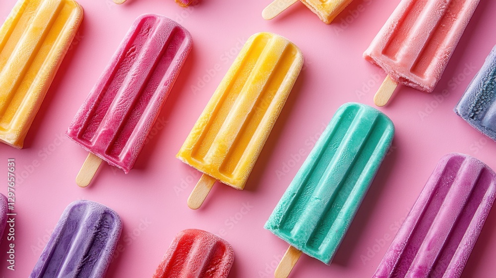 Poster vibrant array of frozen popsicles on pink backdrop capturing summer fun and sweet treats with a play