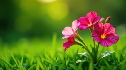 Vibrant pink blossoms emerge from lush green grass, bathed in the warm glow of the setting sun, a serene and tranquil scene of nature's beauty.