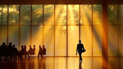 Business professionals collaborate conference room image bright environment dramatic viewpoint midjourney concept