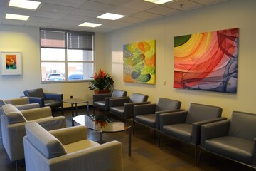 Fototapeta premium Modern lounge area featuring colorful abstract art and comfortable seating in a well-lit space