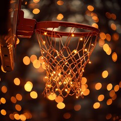 A glowing basketball hoop illuminated by warm lights, creating a captivating ambiance. Perfect for capturing the spirit of sports, energy, and night activities.