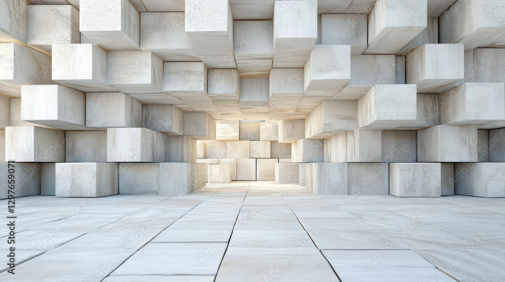 Poster modern interior with interlocking cubes creating unique space