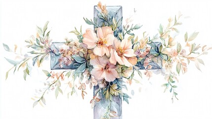 Watercolor Floral Cross Pastel Blooms and Stone Cross Design
