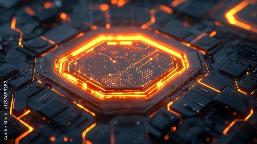 Poster futuristic tech pattern with orange glow on dark background