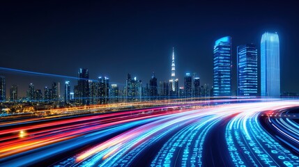 High-tech night shot of futuristic skyline cityscape long exposure photography urban environment aerial view midjourney concept
