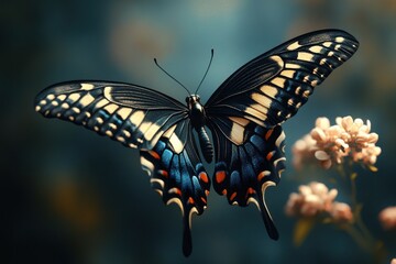 Fototapeta premium Monarch butterfly displaying vibrant orange and black wings against a soft blurred background, a symbol of transformation and nature's beauty