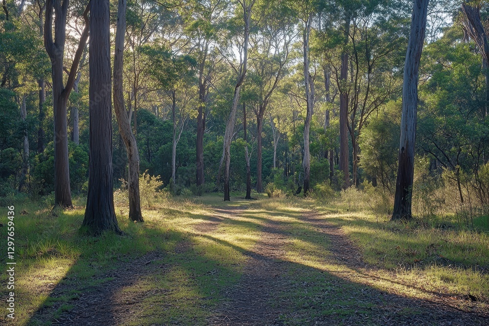 Aufkleber sunlight filters through lush green trees in a serene forest setting during late afternoon, highligh