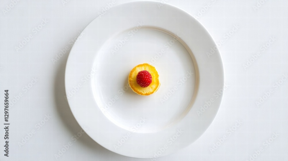 Poster Delightful dessert with raspberry on white plate, served in a sophisticated dining setting. Generative AI