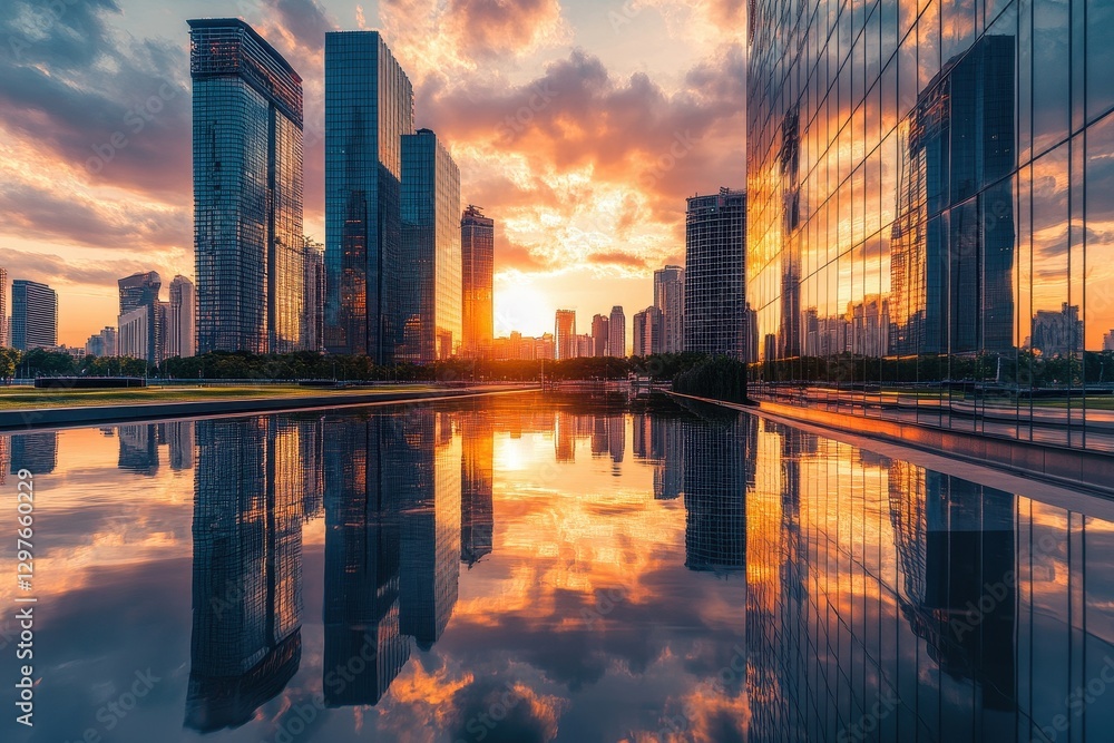 Poster City skyline reflecting on water during sunset with colorful clouds and vibrant lights creating a stunning visual display