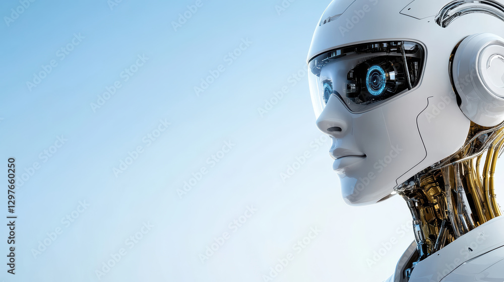 Poster close up of futuristic robotic face with advanced features and sleek design