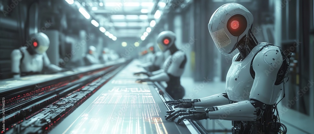 Aufkleber futuristic factory with aicontrolled robotic workers assembling cuttingedge gadgets