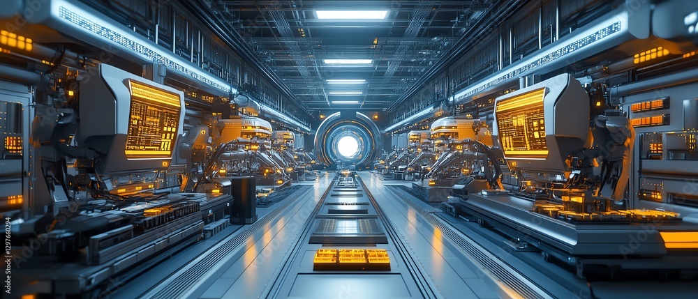 Aufkleber Futuristic factory with AIcontrolled robotic workers assembling cuttingedge gadgets