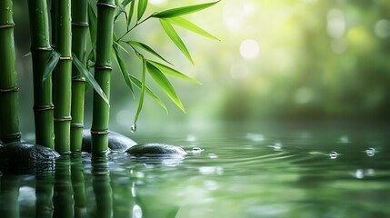 Bright green bamboo stalks standing in serene water