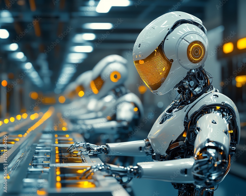 Aufkleber futuristic hightech factory with robotic workers assembling gadgets