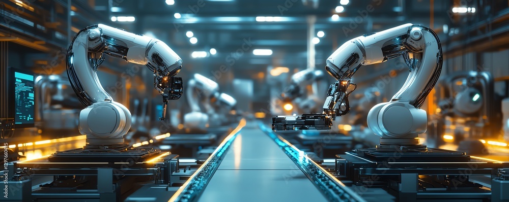 Aufkleber Hypermodern factory with AIdriven robots assembling hightech gadgets
