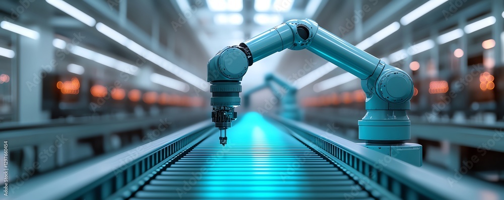 Poster hypermodern factory with aidriven robots assembling hightech gadgets