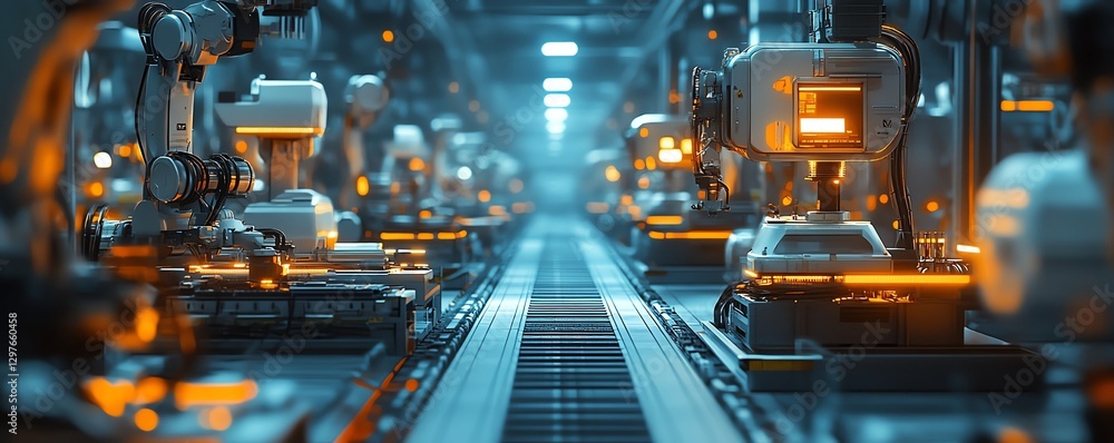 Aufkleber hypermodern factory with aidriven robots assembling hightech gadgets