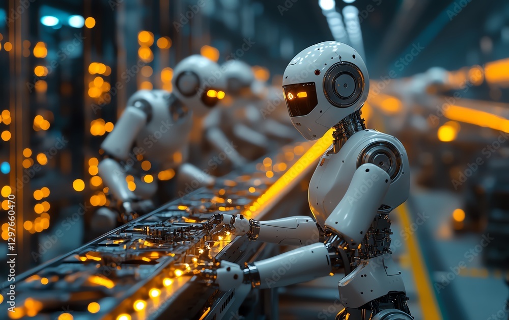 Poster hypermodern factory with robot workers assembling futuristic gadgets