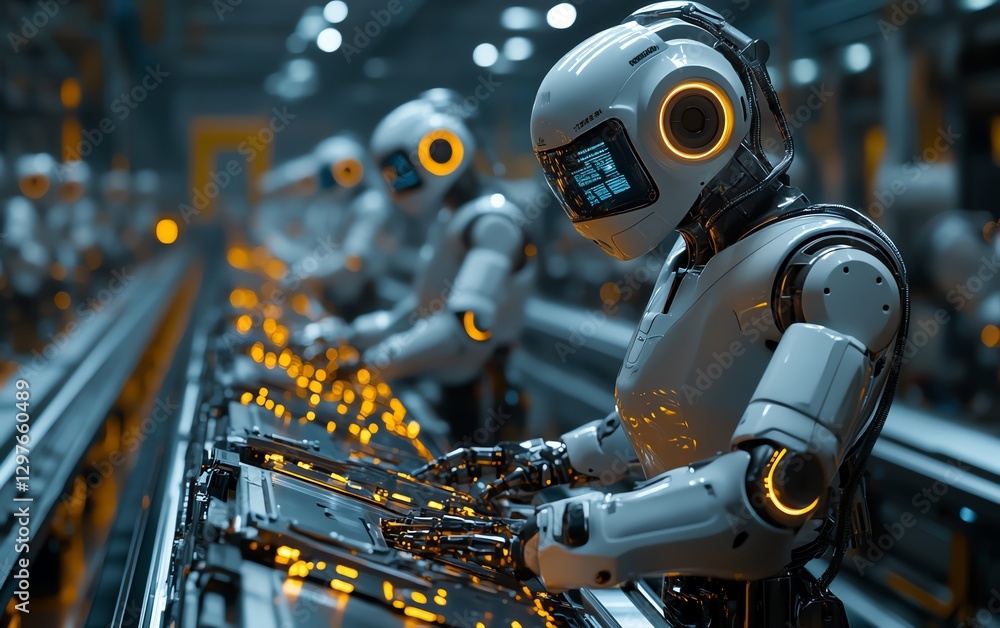 Poster hypermodern factory with robot workers assembling futuristic gadgets