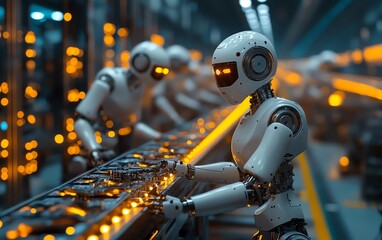 Fototapeta premium Hypermodern factory with robot workers assembling futuristic gadgets