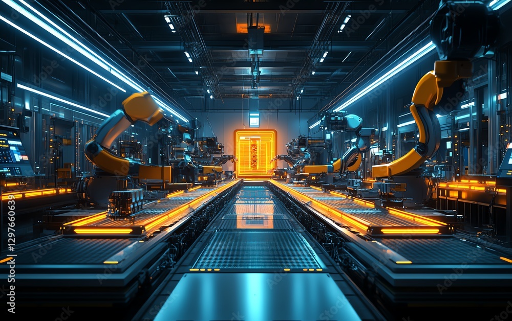 Poster AIcontrolled factory with robotic workers assembling futuristic gadgets