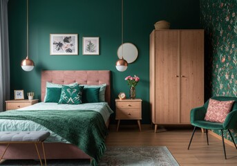 Emerald Green Rose Gold Guest Room design Boho cozy decor