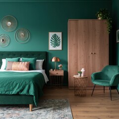 Emerald Green Rose Gold Guest Room design Boho cozy decor