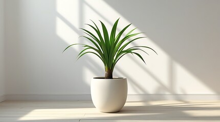 Minimalist indoor plant in a white ceramic pot on wooden flooring with sunlight casting geometric shadows on the wall, creating a peaceful and modern natural interior decor aesthetic


