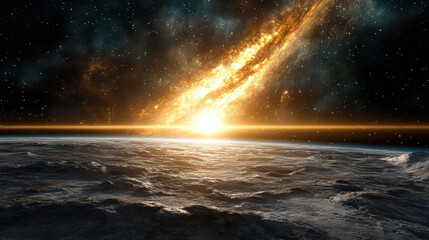 stunning view of galaxy illuminating horizon of distant planet