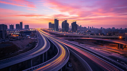 Fototapeta premium Stunning cityscape highway at sunset with modern buildings road view urban night speed lights motion