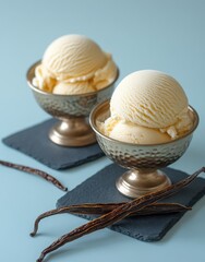 Fototapeta premium Creamy vanilla ice cream scoops in elegant metallic bowls on slate coasters with vanilla pods set against a soothing blue background