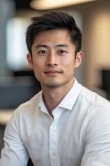 Obraz premium Portrait of a Confident Young Asian Professional in White Shirt with Soft Lighting and Modern Office Background for Business and Career Success