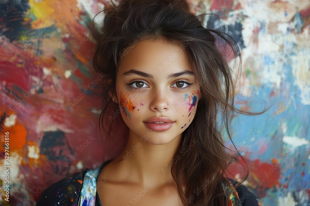 Poster young artist with colorful paint on her face stands in front of a vibrant abstract mural in a creati