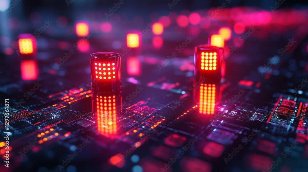 Poster futuristic digital circuit with glowing red lights and patterns