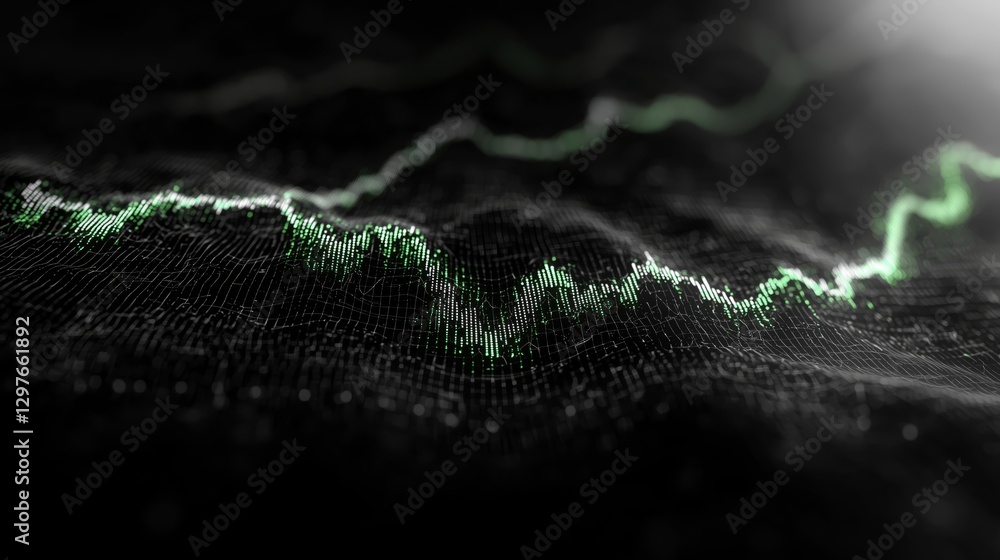Poster abstract green data visualization with wavy line on dark background
