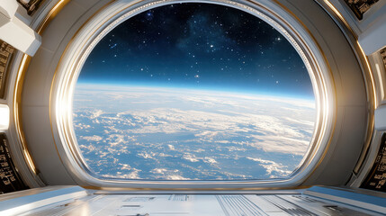 stunning view of Earth from futuristic space station window, showcasing stars and clouds
