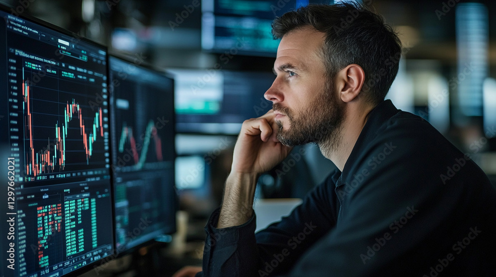 Poster focused businessman analyzing stock market data graphs on multiple computer screens in a dark office