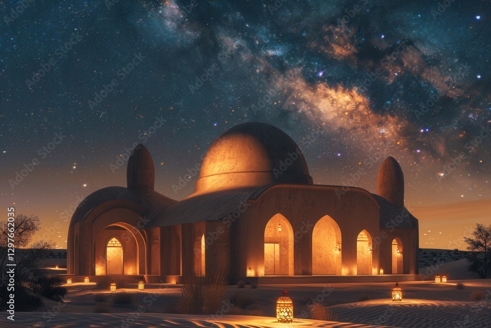 Aufkleber beautiful desert structure illuminated under a starry night sky with a visible galaxy and lanterns s