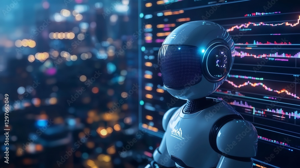 Poster futuristic robot with data screen in a modern cityscape background