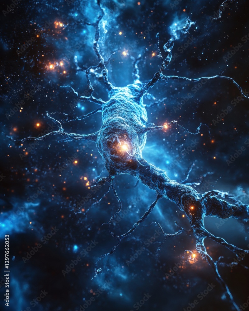 Poster abstract neuron network connecting brain cells in a cosmic space backdrop with blue and orange light