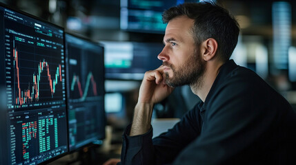 Focused businessman analyzing stock market data graphs on multiple computer screens in a dark office
