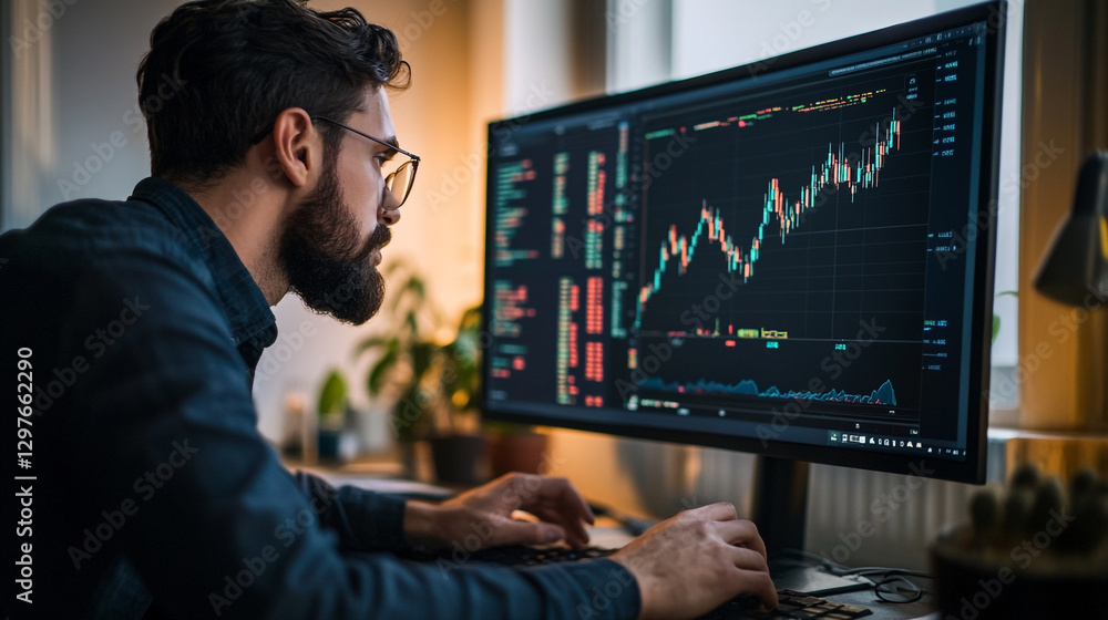 Poster focused man analyzing stock market data on computer screen work graph charts growth office trading