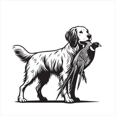 vector  hunting labrador retriever/ Brittany Spaniel dog standing and holding a duck in its mouth